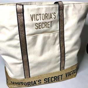 NWOT Victoria’s Secret Canvas Tote, Cream w Black & Gold Accents